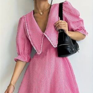 LAST ONE Oversized Collar Checkered Dress